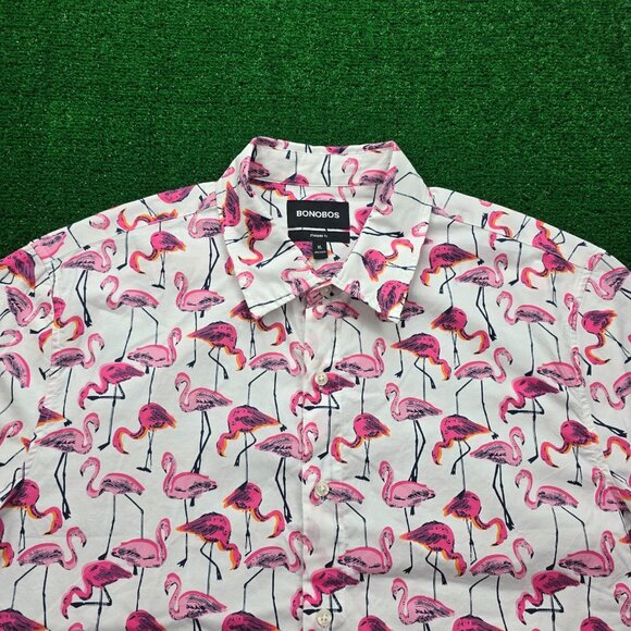 Bonobos Shirt Mens XL Pink White Button‎ Up Short Sleeve Flamingos AOP Preppy - Picture 2 of 7